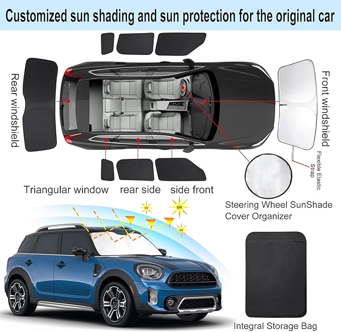 TINGLU Window Shades for Mini Countryman Cooper F60 SUV 2017-2024 Accessories Car Side Full Windows Rear Triangular Windshield Sun Shade Sun UV Rays & Privacy Protection for Camping 8PCS
