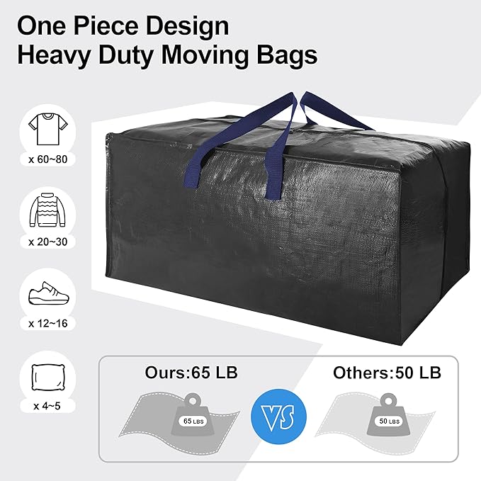 VELVETSURE Heavy Duty Extra Large Moving Bags W/Backpack Straps - Strong Handles & Zippers, Storage Totes For Space Saving, F