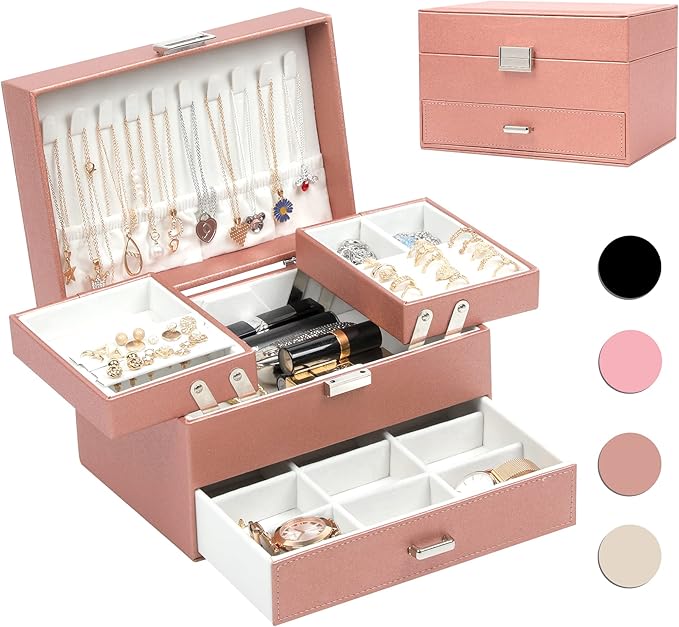 Dajasan Jewelry Organizer Box, Large Jewelry Boxes for Women Girls, Space-Saving 3 Layers Jewelry Storage Case with Drawer, M