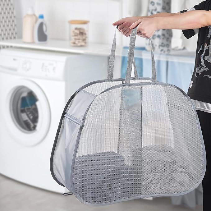 Seiritex Mesh Popup Laundry Hamper 2 Compartment, Collapsible Laundry Sorter Basket Foldable Hamper for Clothes, College Dorm