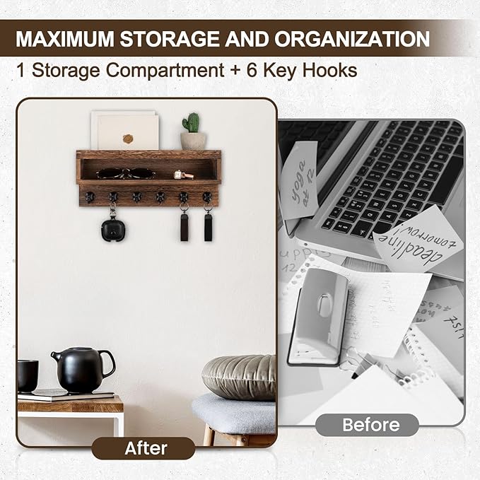 Key and Mail Holder Wall Mount, Key Hanger with Long Storage Box and 6 Hooks for Coat, Dog Leash, Home Decor Rack, House Acce