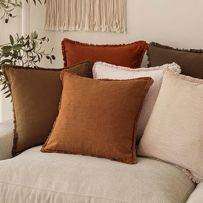 Foindtower Set of 2 Decorative Linen Fringe Lumbar Throw Pillow Covers Boho Farmhouse Cushion Cover with Tassels Soft Accent 