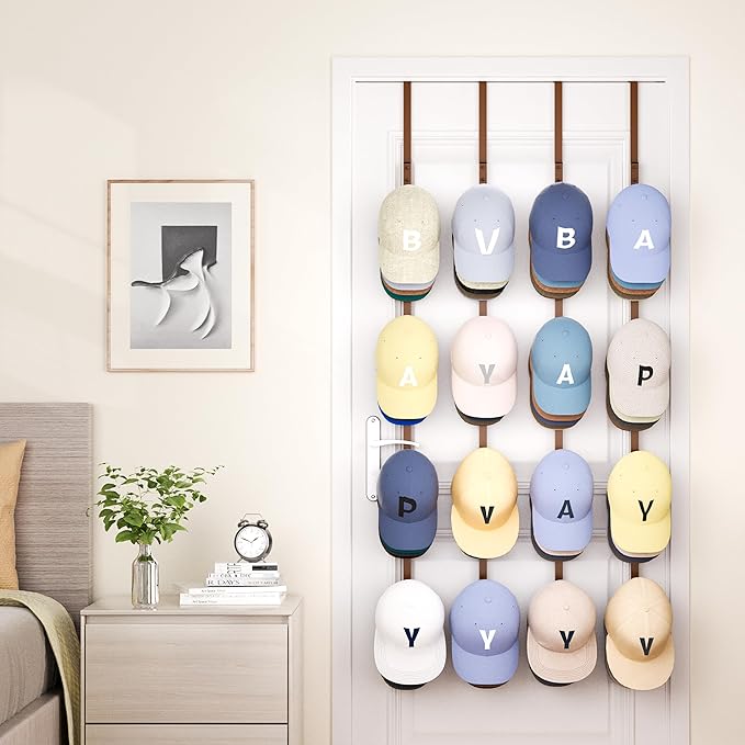 SWTYMIKI Over Door Hat Organizer - 4 Packs Metal Hanging Hat Rack with 16 Hooks Design, Baseball Cap Hanger Organizer Storage