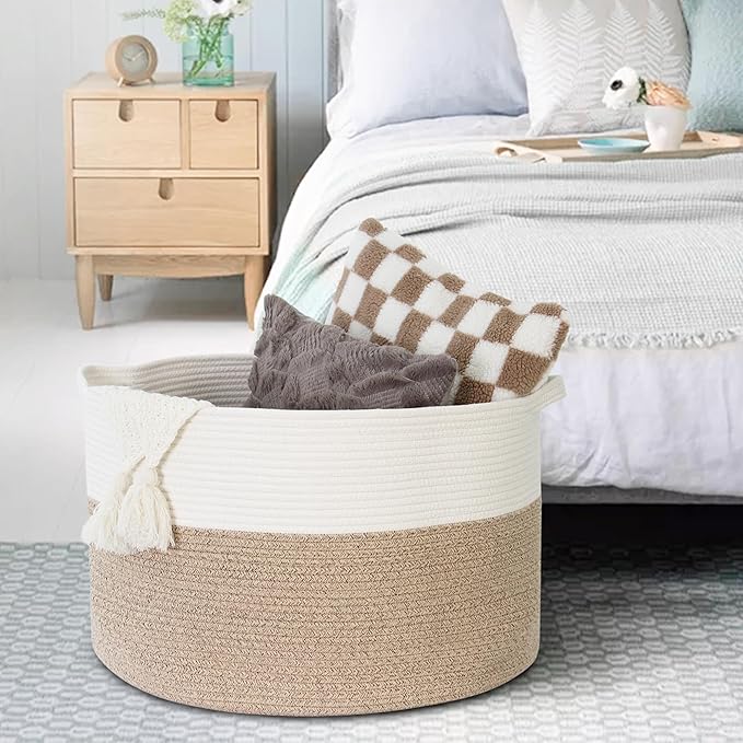 MEGASKET Large Rope Storage Basket, 22" X 22" X 14" Extra Large Woven Baskets for Storage, Cotton Rope Basket for Blankets To