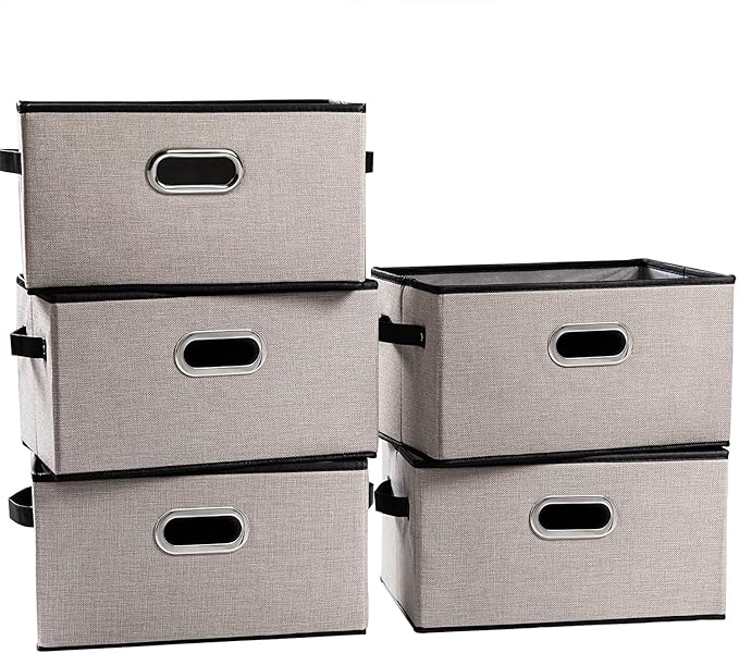 PRANDOM Large Fodable Storage Bins for Closet [5-pack] Decorative Linen Fabric Storage Bins Cubes with Leather/Metal Handles 
