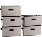 PRANDOM Large Fodable Storage Bins for Closet [5-pack] Decorative Linen Fabric Storage Bins Cubes with Leather/Metal Handles 