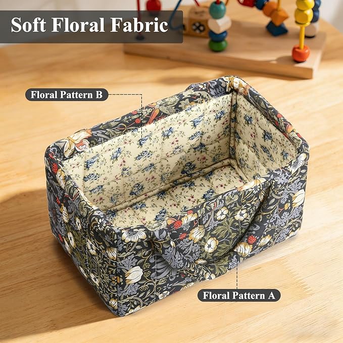 Small Storage Basket Organizer, Mini Fabric Floral Storage Baskets with Handle, Quilted Portable Collapsible Storage (K)