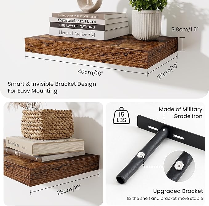 Fun Memories Floating Shelves for Wall - 10 x 16 Floating Shelf - Rustic Wood Storage Shelf - Wall Shelves with Invisible Bra