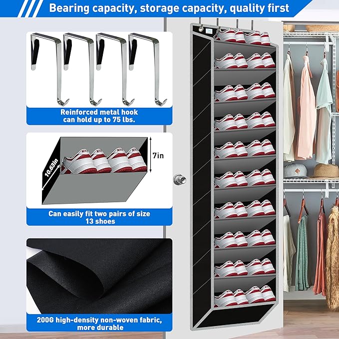 Heavy-Duty, Over The Door Shoe Organizer, Extra Large 10 Tiers, Over Door Shoe Organizer, Coated Hooks Grip Firmly Without Sc