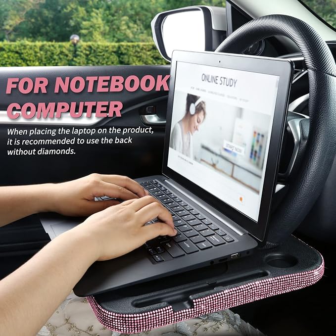eing Car Eating/Laptop Steering Wheel Desk,Bling Crystal Steering Wheel Tray(16.6"x11.1"(2 in 1)) - Pink