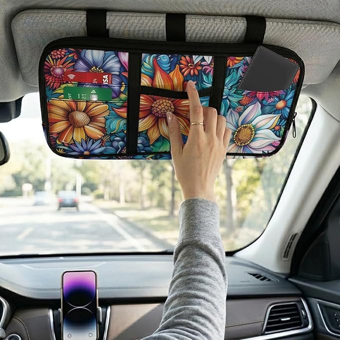 Tropical Flower Car Visor Organizer for Women Multi-Pocket Auto Visor Organizer Universal Fit for Car, SUV and Truck, Card Holder Adjustable Velcro Strap Cars Storage Pouch Washable