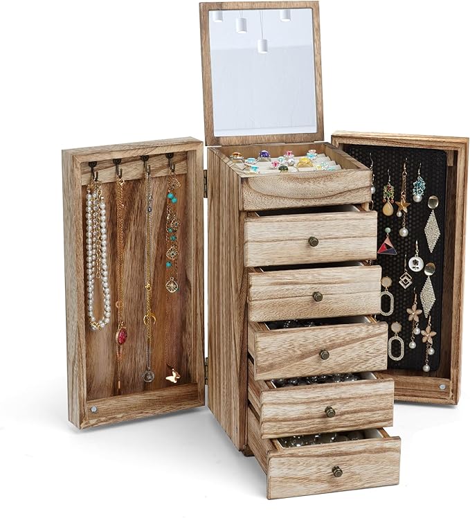 Meangood Jewelry Box Wood for Women, 6-Layer Large Organizer Box with Mirror & 5 Drawers for Rings, Earrings, Necklaces, Vint