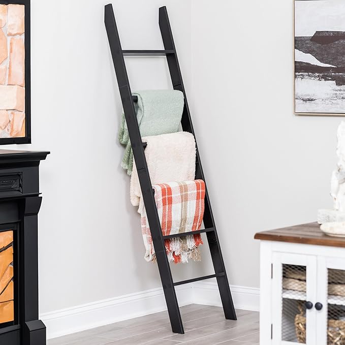 Blanket Ladder for The Living Room and Bedroom, 5ft 8 inch, 6-Tier Wall Leaning Laminate Snag Free Material (Black) Rustic De