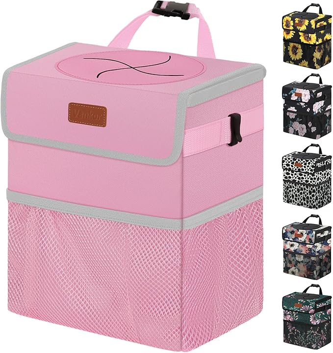 3 Gallons Car Trash Can with Lid, Car Trash Bag Bin Hanging Waterproof Automotive Garbage Cans Leak Proof Vehicle Trash Can Pink