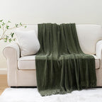 BATTILO HOME Olive Green Throw Blanket for Couch, Soft Chenille Knit Throws with Tassels for Home Decor, Green Blankets and T