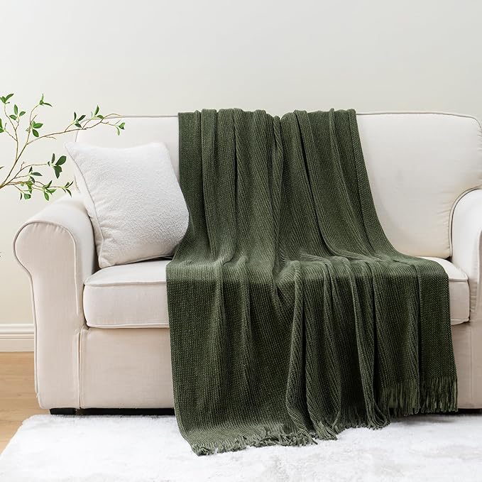 BATTILO HOME Olive Green Throw Blanket for Couch, Soft Chenille Knit Throws with Tassels for Home Decor, Green Blankets and T