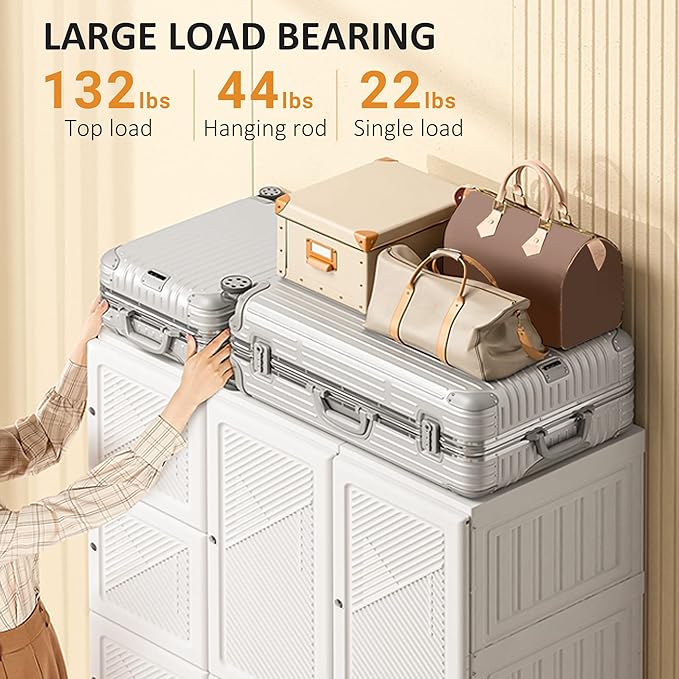 HOMCOM Portable Wardrobe Closet, Folding Clothes Storage Organizer with 8 Cube Compartments, 2 Hanging Rods, 11 Magnet Doors,