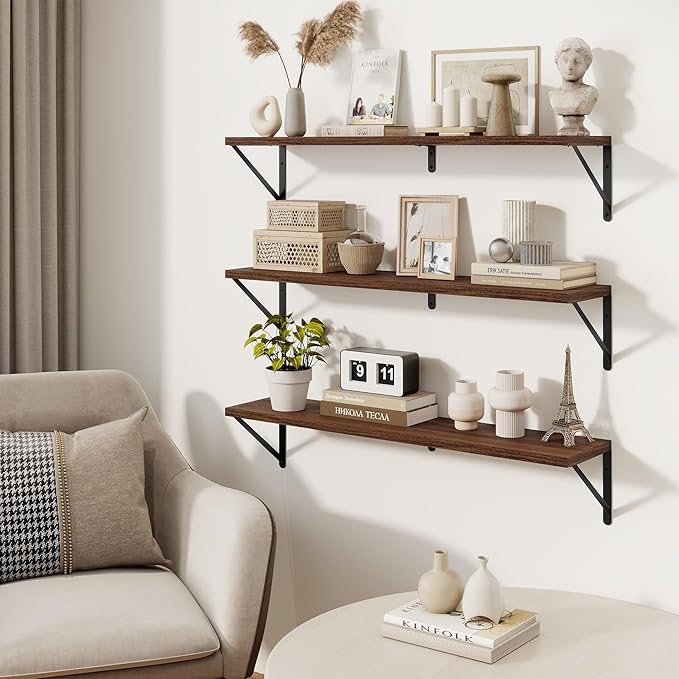 Shelves for Wall, Floating Bookshelves with Brackets, 36 inch Floating Shelves Set of 3, Wall Shelf for Kitchen, Bathroom, Be
