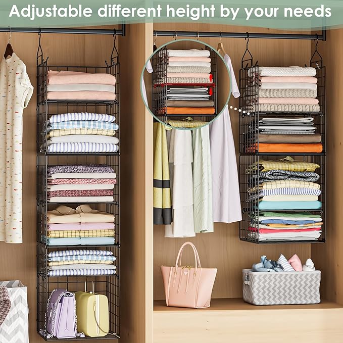 6-Tier Closet Hanging Organizer Shelves, Hanging Closet Organizer and Storage Bin with Adjustable Dividers, Metal & Foldable 