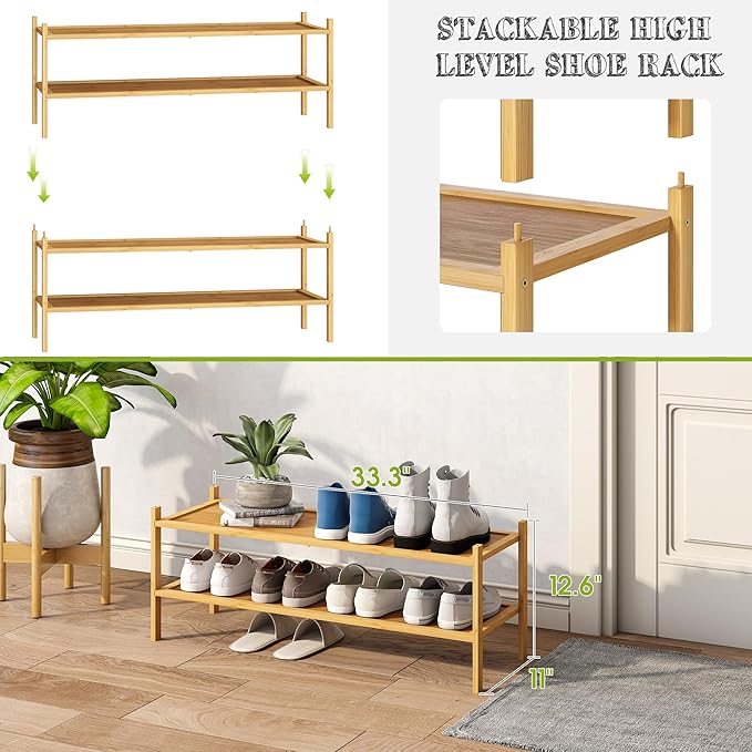 BMOSU 2-Tier Bamboo Extended Shoe Rack Premium Stackable Shoe Shelf Storage Organizer for Hallway Closet Living Room Entryway