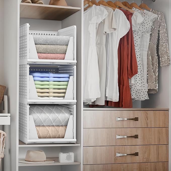 Sorbus 3 Pack Folding Closet Shelf Organizer for Clothes - Versatile Stackable Storage Baskets for Closet, Bathroom, Kitchen 