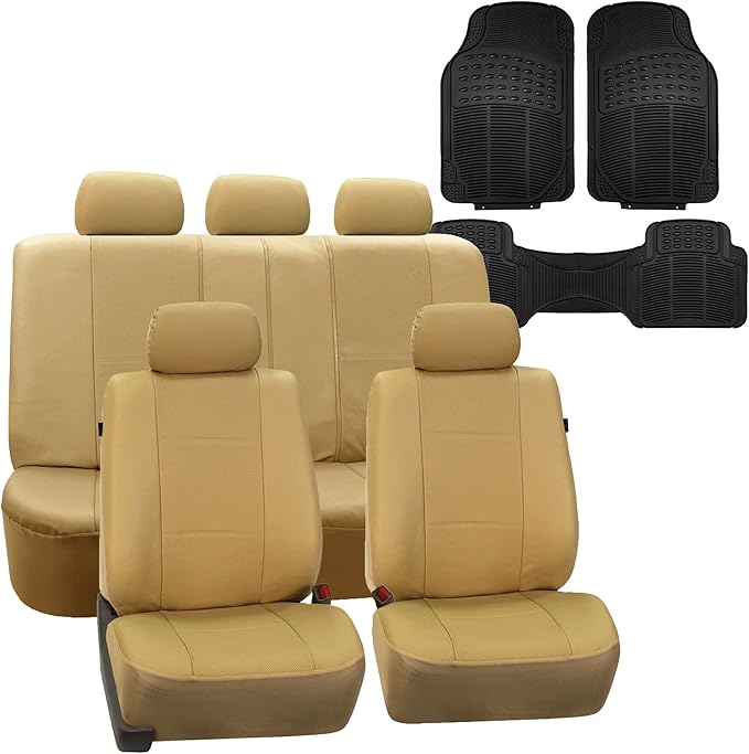 FH Group Car Seat Cover Beige Full Set Deluxe Leatherette Protector Interior Accessories Universal Fit Full Set - Airbag Comp