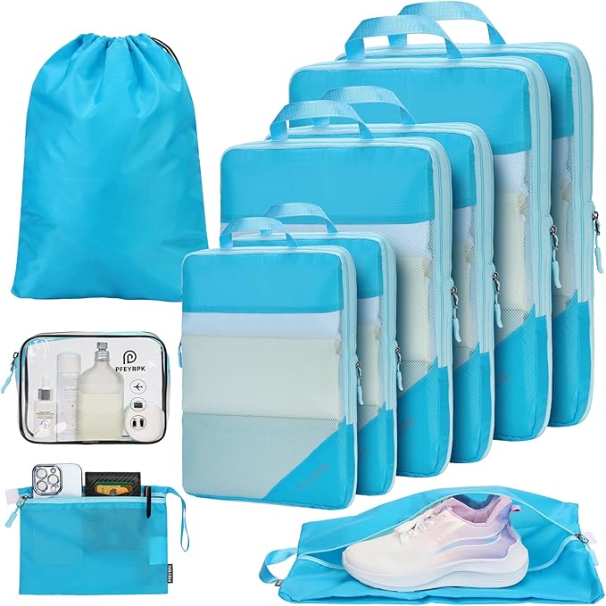 PFEYRPK Lightweight Compression Packing Cubes for Suitcases, Compressible Expandable Travel Packing Organizer with Clear Toil
