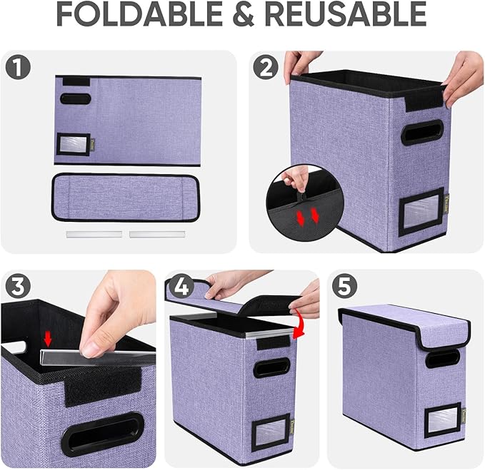 BALEINE File Organizer Box with Lid, Collapsible File Folder Organizer with Plastic Slide, Hanging File Folder Box for Office