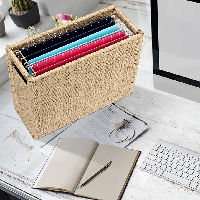 14.6 x 5.9 x 10.8 Inch Large Decorative File Box, Decorative File Baskets for Seagrass Hanging Organizers Portable Letter Siz