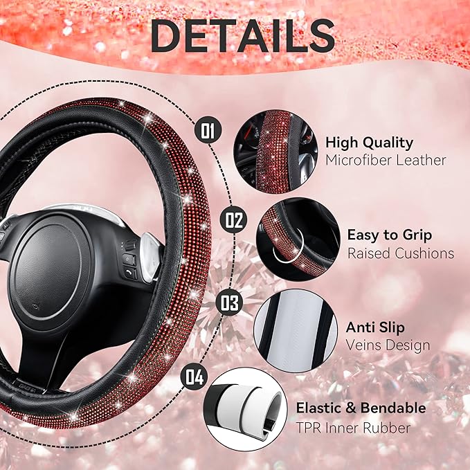 CAR PASS 23 PCS Bling Diamond Car Accessories Set for Women, Leather Car Seat Covers Full Set Sparkly Rhinestone15'' Steering Wheel Covers Shining Diamond Car Floor Mats Cute Car Interior Sets, Red