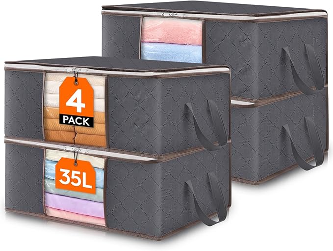 Lifewit 4 Pack 35L Clothes Storage Bins with Lids, Foldable Blanket Storage Bags with Zippers, Clear Window and Reinforced Ha