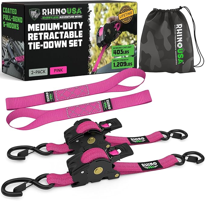 Rhino USA Retractable Ratchet Straps (2-Pack) - 1 Inch x 10 Feet (1,209lb Break Strength) - Auto Self Retracting Tie Down Straps for Truck, Cargo Trailer, Motorcycle, ATV, UTV - Pink