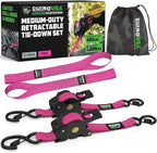 Rhino USA Retractable Ratchet Straps (2-Pack) - 1 Inch x 10 Feet (1,209lb Break Strength) - Auto Self Retracting Tie Down Straps for Truck, Cargo Trailer, Motorcycle, ATV, UTV - Pink