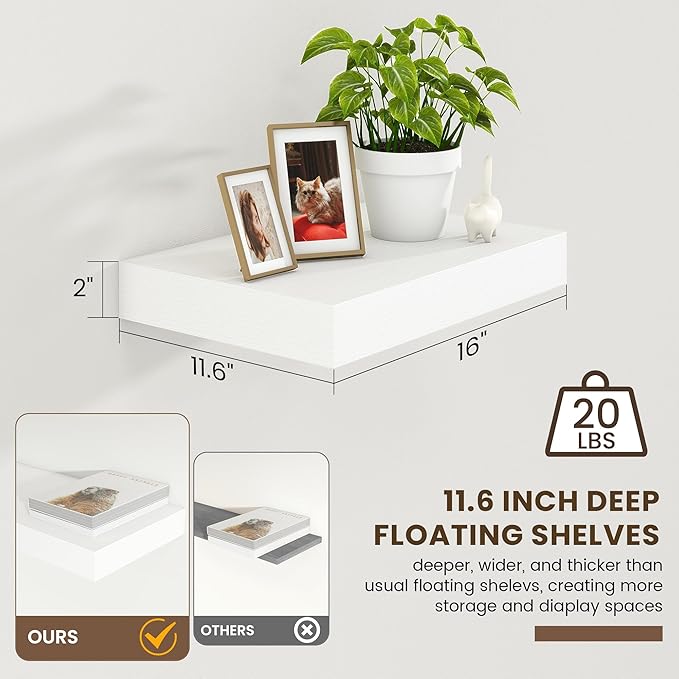 12 Inch Deep Floating Shelves | 16 Inch White Floating Shelves Set of 2 | Rustic White Deep Shelves for Wall | White Wall She