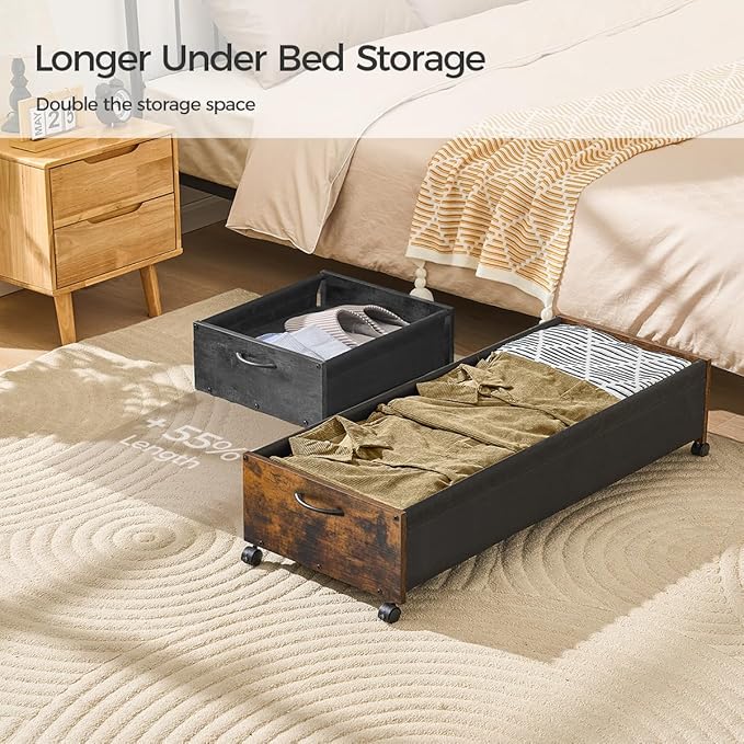 Under Bed Storage with Wheels, Wooden Under Bed Drawers On Wheels, Rolling Under Bed Shoe Storage, Space Saving,Rustic Brown,