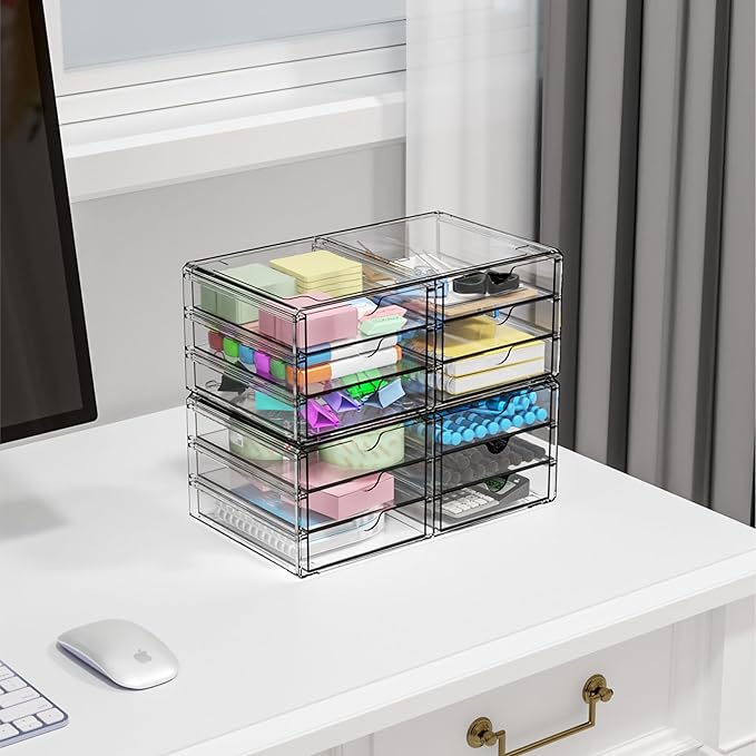 Yieach 2 Pack Acrylic Storage Drawers With 12 Small Drawer,Stackable Office Cabinet Organizer and Makeup Organizer,Clear Plas