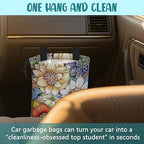 Car Garbage Bag Bright Yellow White and Blue Floral Hanging Canvas Car Trash Bag Drawstring Car Back Seat Organizer for Car Back Front Seat Console with Adjustable Buckle