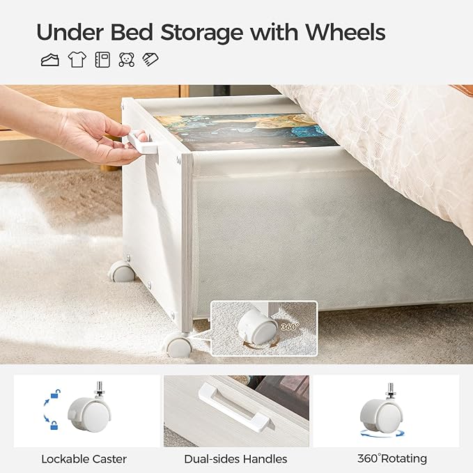 Under Bed Storage with Wheels, Wooden Under Bed Drawers On Wheels, Rolling Under Bed Shoe Storage, Space Saving,White,70L