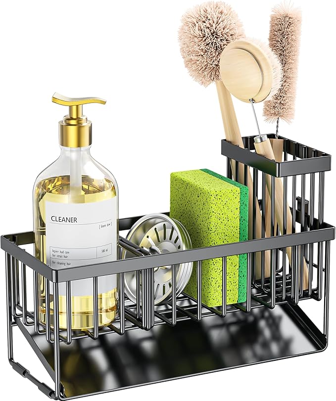 Cisily Sink Caddy Sponge Holder for Kitchen with Brush Holder and Stainless Steel Self Drain Tray, Rustproof Kitchen Sink Org