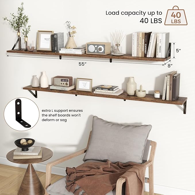 Axeman 55 Inch Floating Shelves | 8 Inch Deep Brown Wall Shelves Set of 2 | 55" W x 8" D Rustic Brown Wood Shelves for Bathro