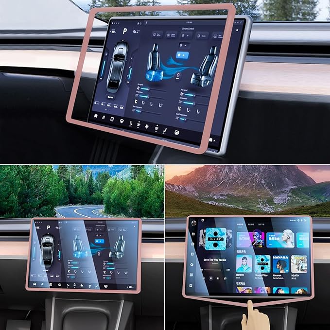 2PCS Protector Trim Frame Compatible with Tesla Model 3 Y 2020-2024 2025 2026 Screen Edge Frame Rearview Mirror Cover Interior Decorations Center Console Decor Highland Juniper Accessories Set (Pink)