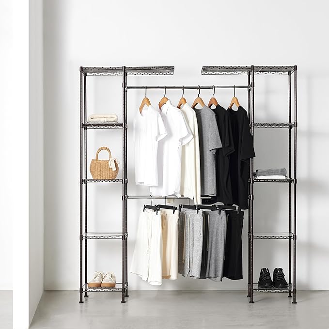 Amazon Basics Expandable Metal Hanging Closet Organizer and Storage Rack Wardrobe with Shelves, 57-80''L x 14''W x 72''H, Bro