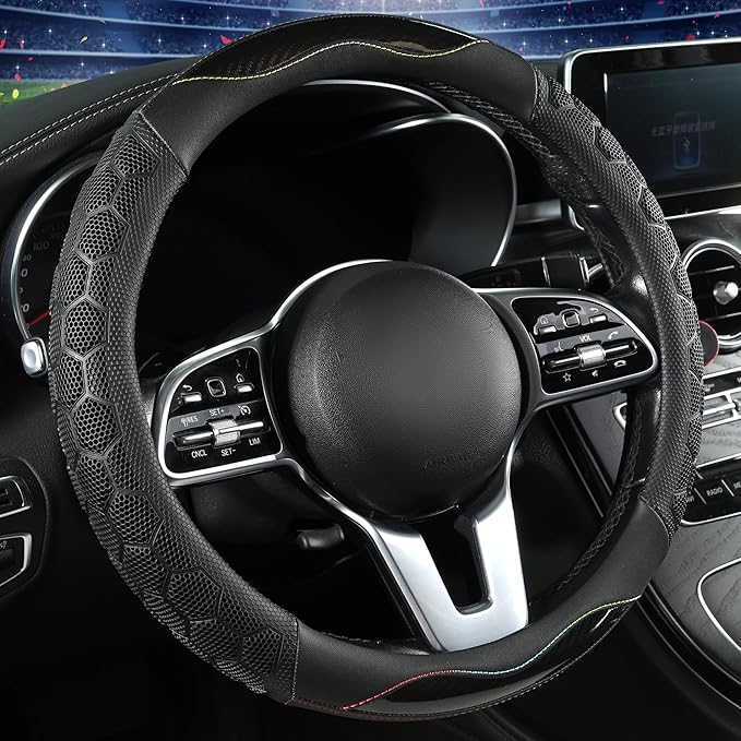PU Leather Steering Wheel Cover 14.5-15 Inch, Carbon Fiber Style Grip, Non-Slip & Breathable, Universal for Sedan SUV Truck V