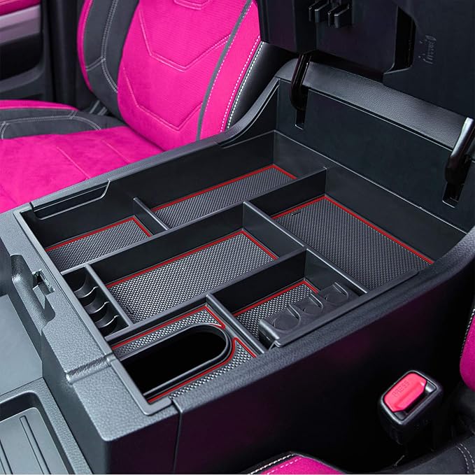 JKCOVER Compatible with Center Console Organizer Tray Toyota Tundra 2014 2015 2016 2017 2018 2019 2020 2021 Tundra Accessories,Insert ABS Black Materials Armrest Box Secondary Storage (RED Trim)