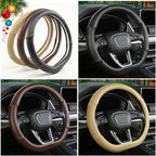 Cxtiy D Shaped Steering Wheel Cover, Genuine Leather Flat Bottom Stearing Wheel Cover Luxury Car Accessories 14 1/2-15 inch (Black)