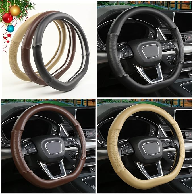 Cxtiy D Shaped Steering Wheel Cover, Genuine Leather Flat Bottom Stearing Wheel Cover Luxury Car Accessories 14 1/2-15 inch (Beige)