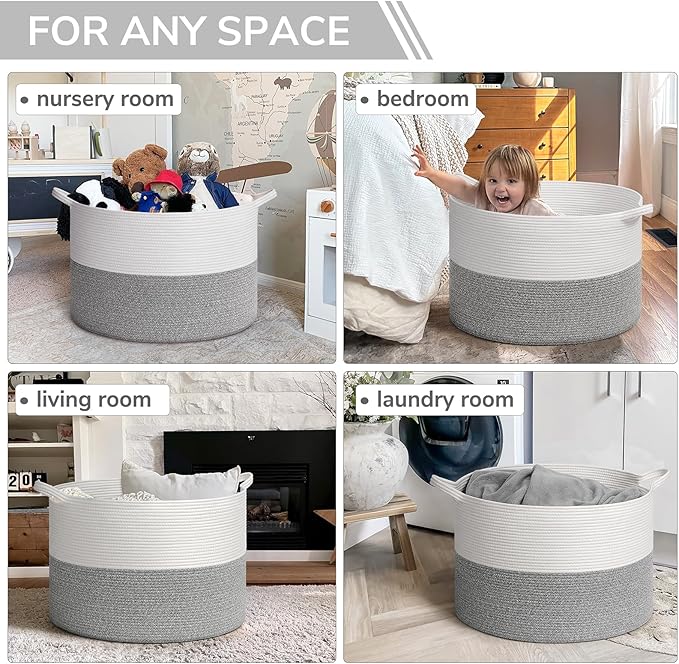 INDRESSME 115L Extra Large Blanket Basket, Soft Cotton Rope Storage Basket for Organizing, Home Decor, Toys, Laundry & Towels