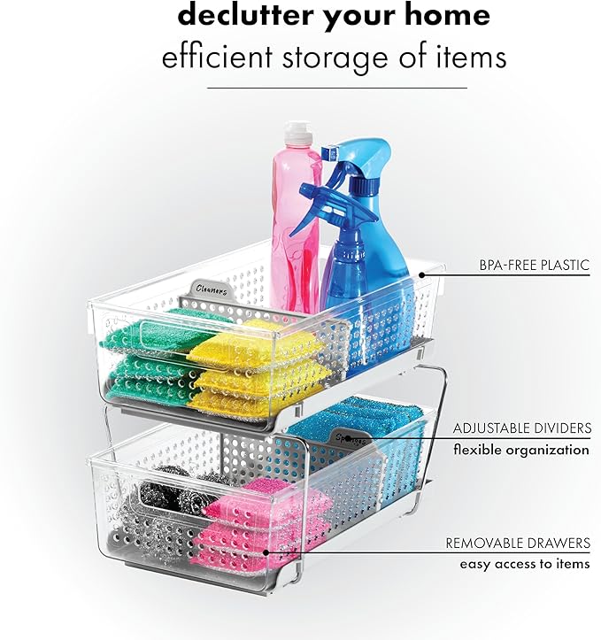 madesmart 2 Tier Organizer, Under Cabinet Storage with Pull Out Sliding Drawers, for Cleaning Supplies, Undersink, Sponges, B