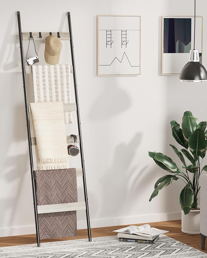 Blanket Ladder, 6-Tier Towel Holder with 4 Removable Hooks, Farmhouse Wall Leaning Decorative Rack Shelf, Wooden Towel Displa