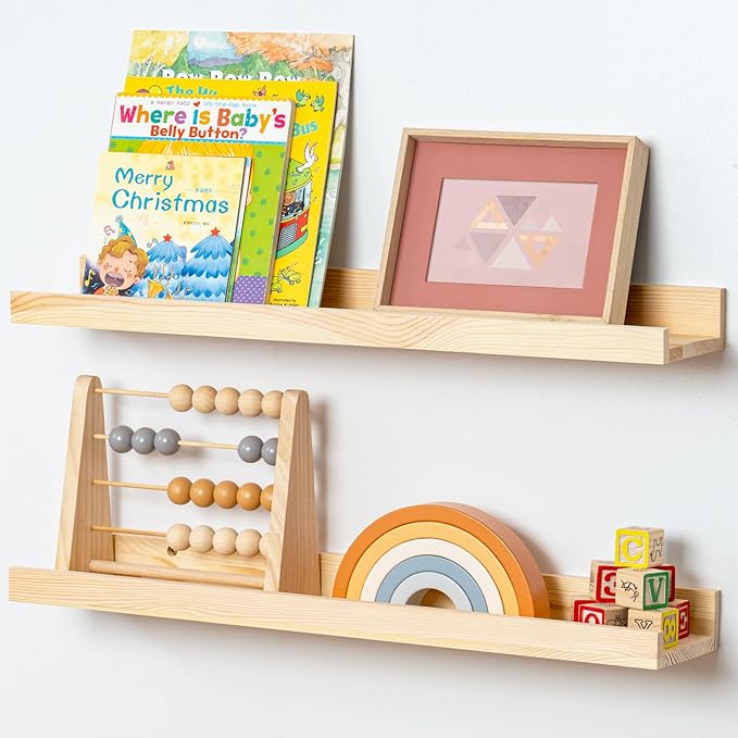 Picture Ledge Shelf for Wall, 24 inch Solid Ash Wood Nursery Book Shelves 2 Packs, Floating Shelves for Kids' Room Bedroom Ba